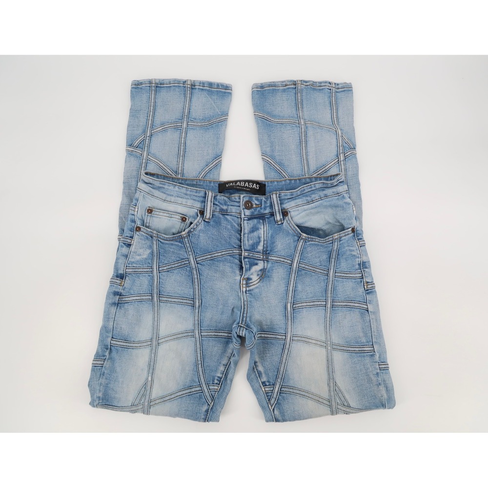 Valabasas Patchwork Jeans Men 32 Blue Button Fly Streetwear Denim Stacked Flared